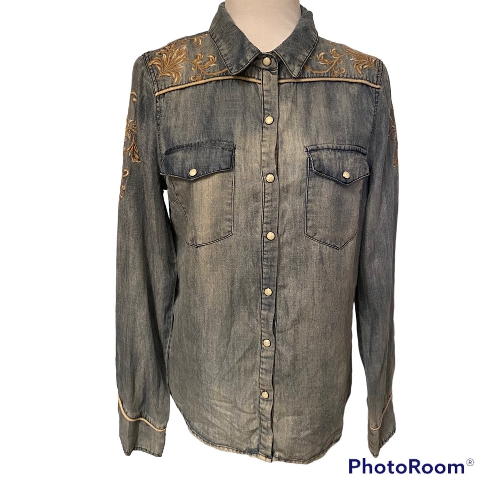 MISS ME NEW TOP BLOUSE BUTTON DOWN SNAP BLUE WESTERN TAN EMBROIDERY SIZE S NWT